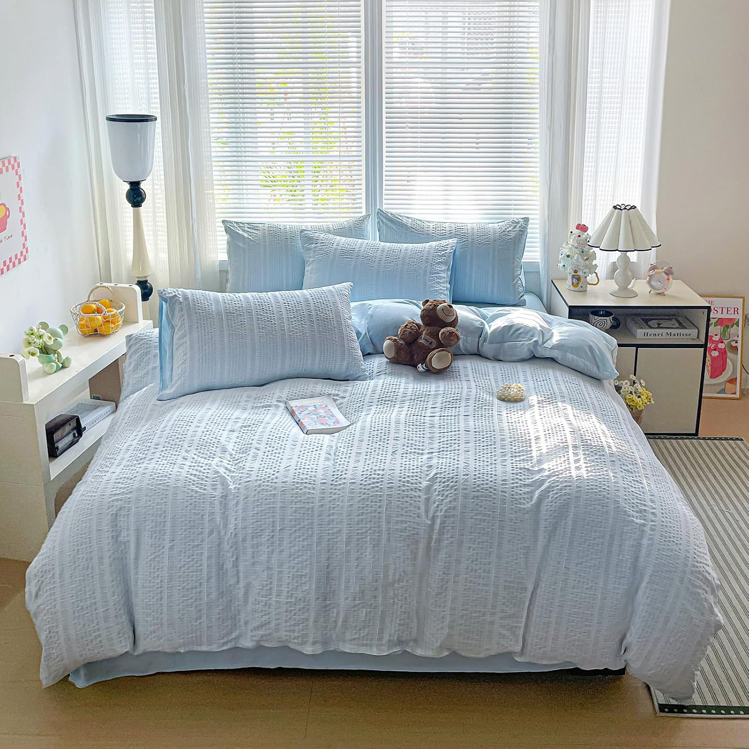 Detalle 2 de Guchuang Bedding Blue Seersucker Duvet Cover Set (Double, 200x200cm) – 3-Piece Microfibre Bedding Set