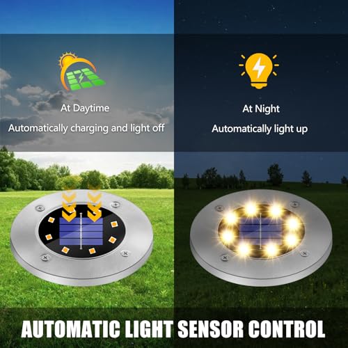 Thumbnail 1 de SCNNC Solar Ground Lights Outdoor Garden – 8 LEDs Warm White, IP65 Waterproof Disk Pathway Lights (8 Pack)