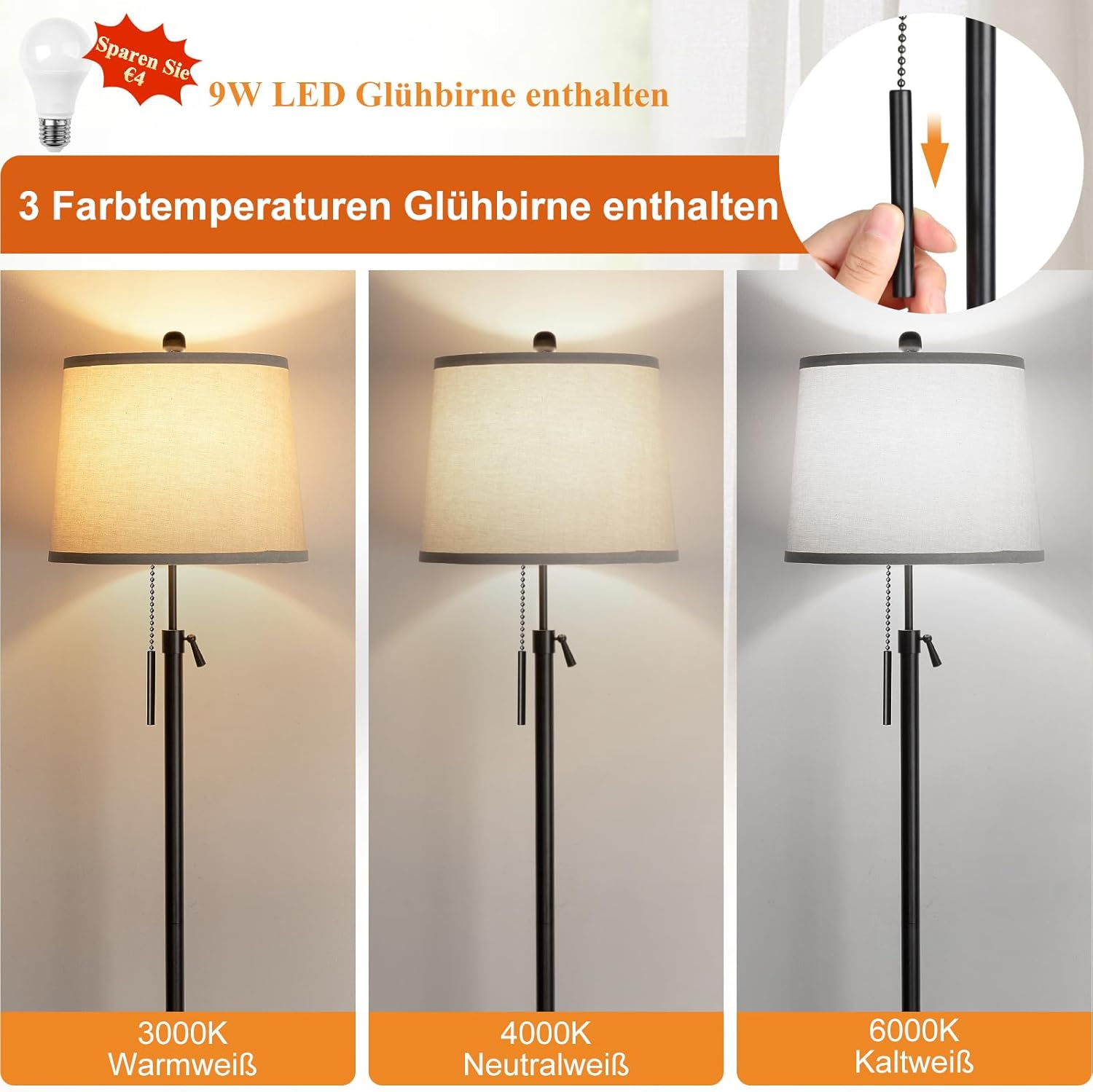 Detalle de Qingmiao Stehlampe Wohnzimmer Modern – höhenverstellbar, Stoffschirm, 3 Farbtemperaturen, E27