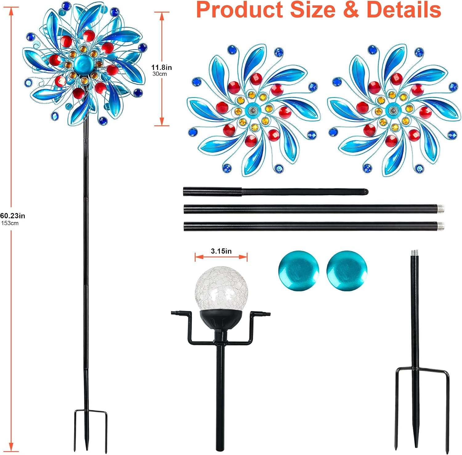 Detalle 1 de MXwcy LT00217S1 Solar Wind Spinner, Blue Floral Metal Decor with Solar Light