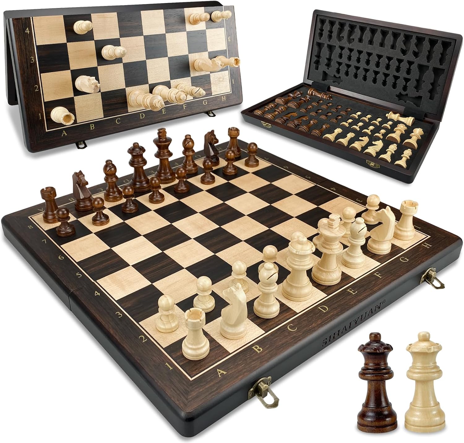 Detalle de Sihaiyuan Schachspiel Holz Magnetisch – Faltbares 39 cm Brett mit 34 Staunton Figuren inkl. Extra Damen