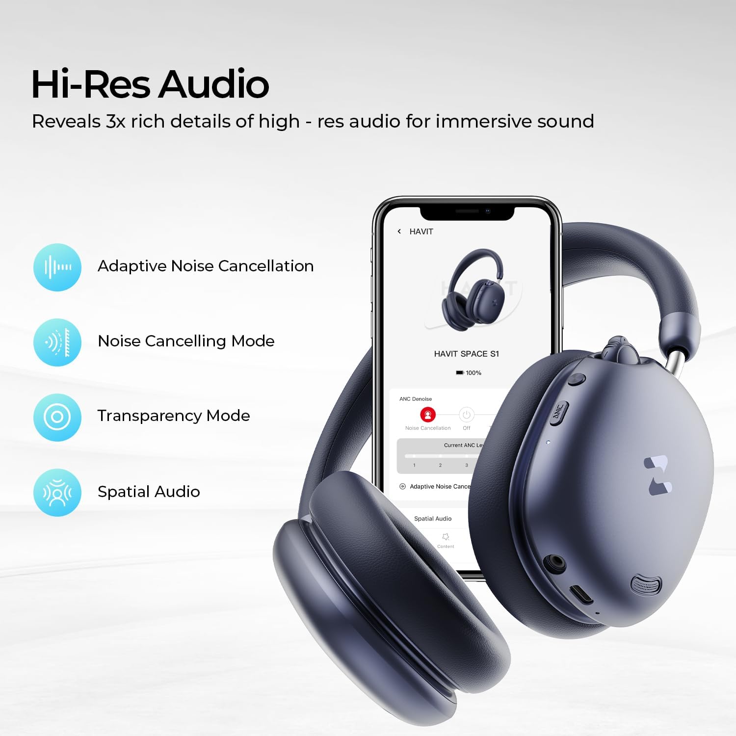 Thumbnail 6 de havit Space S1 Adaptive Active Noise Cancelling Over-Ear-Kopfhörer (LHDC, Bluetooth 6.0, 5-Mikrofon-ENC, bis 100 Std.)