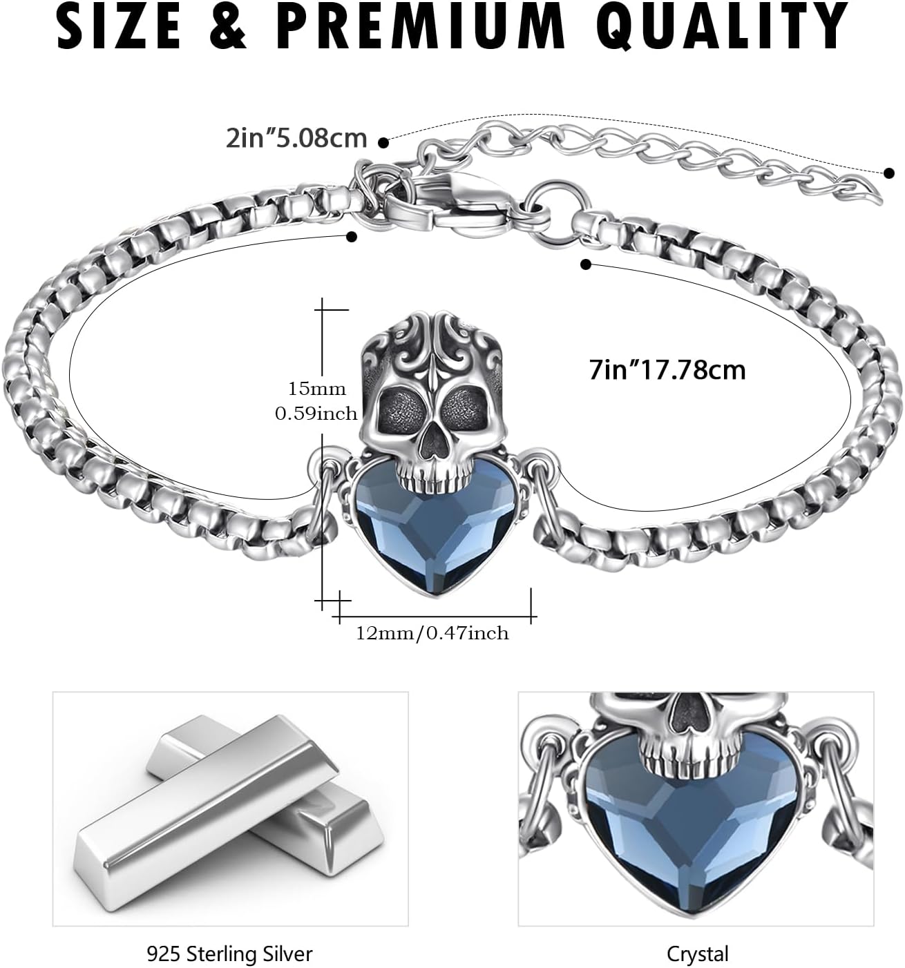 Detalle de PARYFO Totenkopf Armband 925 Sterling Silber – Gothic Schädel mit Edelstahlkette