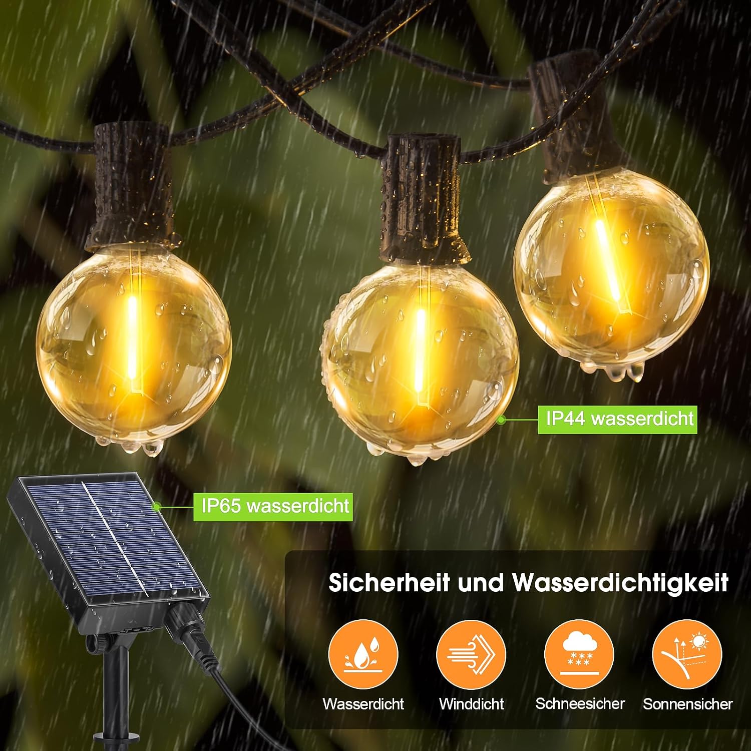 Detalle de FGRYB Solar Lichterkette Außen 15 m – 20+1 G40 LEDs, dimmbar, IP65 Solar + USB-C, 8 Modi