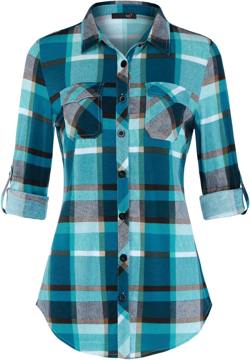 Detalle de DJT Damen Bluse mit kariertem Strick, Button-Down-Kragen und Roll-Up-Ärmeln (Langarm)