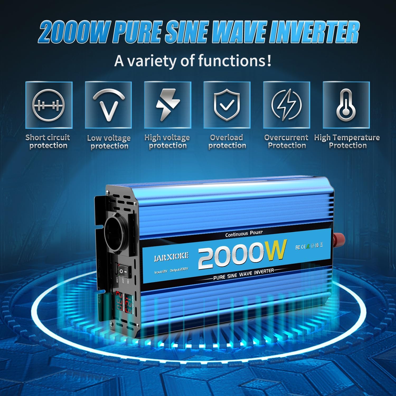 Thumbnail 1 de JARXIOKE Wechselrichter 2000 W Reiner Sinus 12V auf 230V (mit USB, LED-Anzeige, AC-Steckdosen)