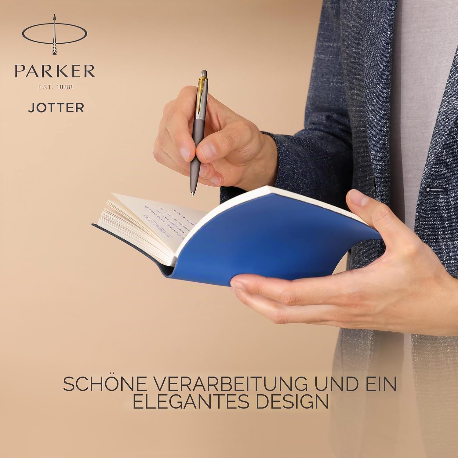Detalle 2 de Parker Jotter Kugelschreiber grau lackiert mit goldenen Zierteilen (mittlere Spitze) im Nachfüllpack | Geschenkbox