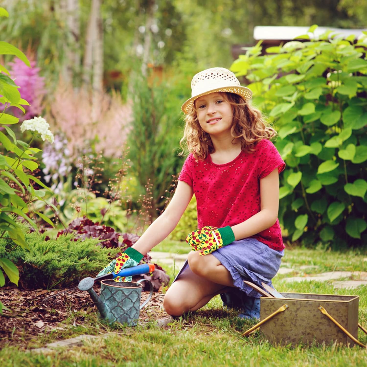 Thumbnail 6 de OSDUE Guanti da lavoro da giardino per bambini Flower Power (set da 3), antiscivolo, 3-6 e 7-9 anni, poliestere