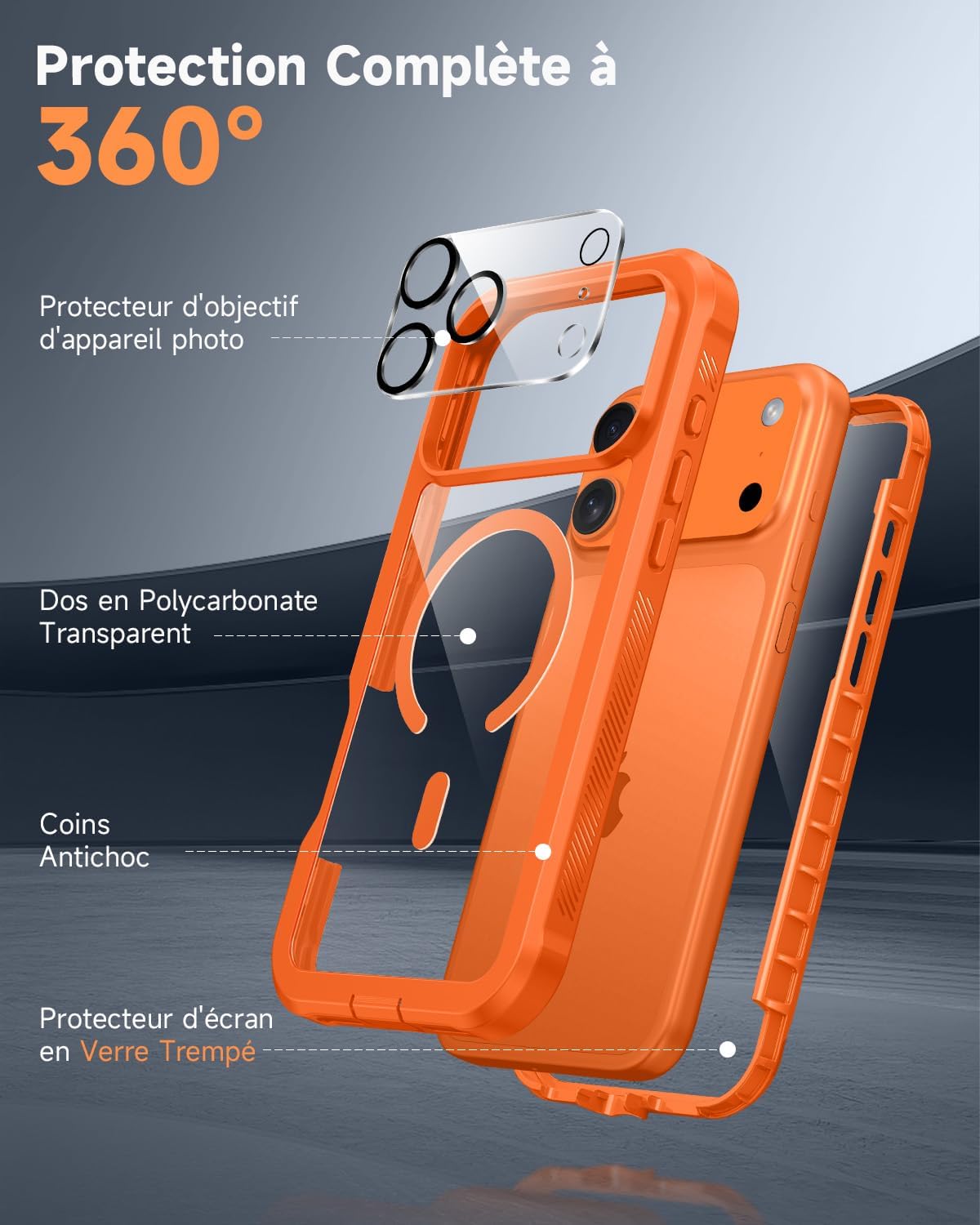Detalle de Coque Magnétique Seacosmo pour iPhone 17 Pro – MagSafe, Protection 360° (Orange)