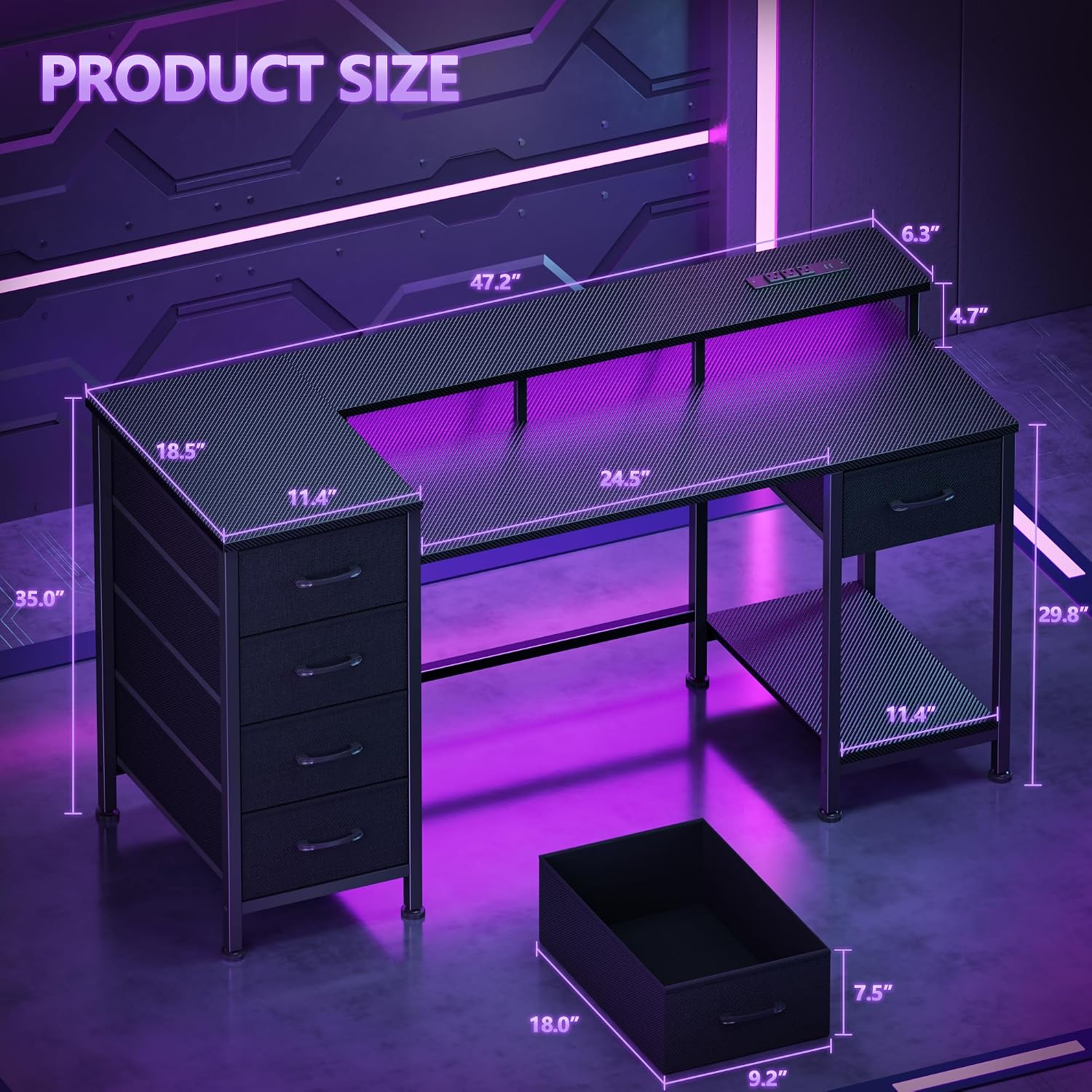 Thumbnail 1 de Korfile CD031 47-Inch Gaming Desk with RGB Lights, Charging Ports and 5 Drawers
