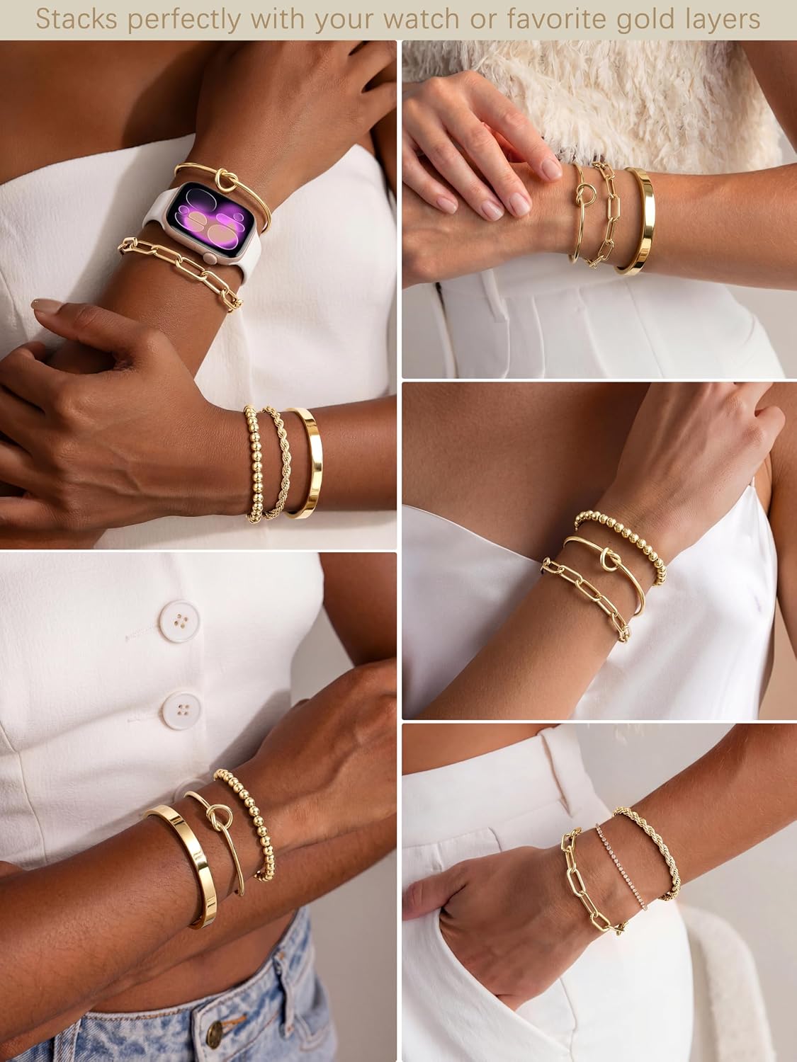 Detalle 2 de Gokeey Gold Cuff Bracelets for Women – 14K Gold Plated, Stackable Beaded & Infinity Rope Jewelry Set