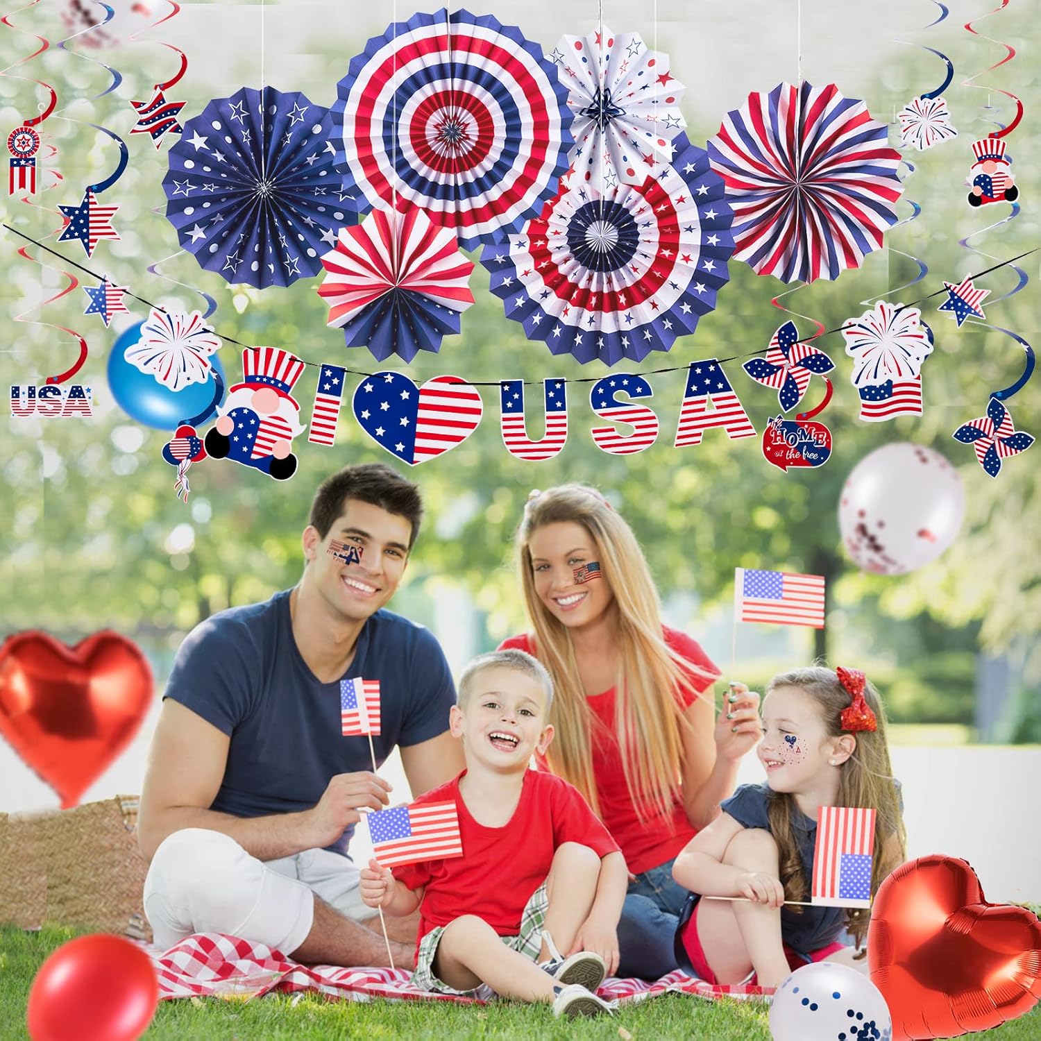 Detalle de SUNBEAUTY Unabhängigkeitstag Party Dekoration Set – 4. Juli USA Deko mit Flaggen, Luftballons, Papierfächern, Girlande und Tattoo-Aufklebern