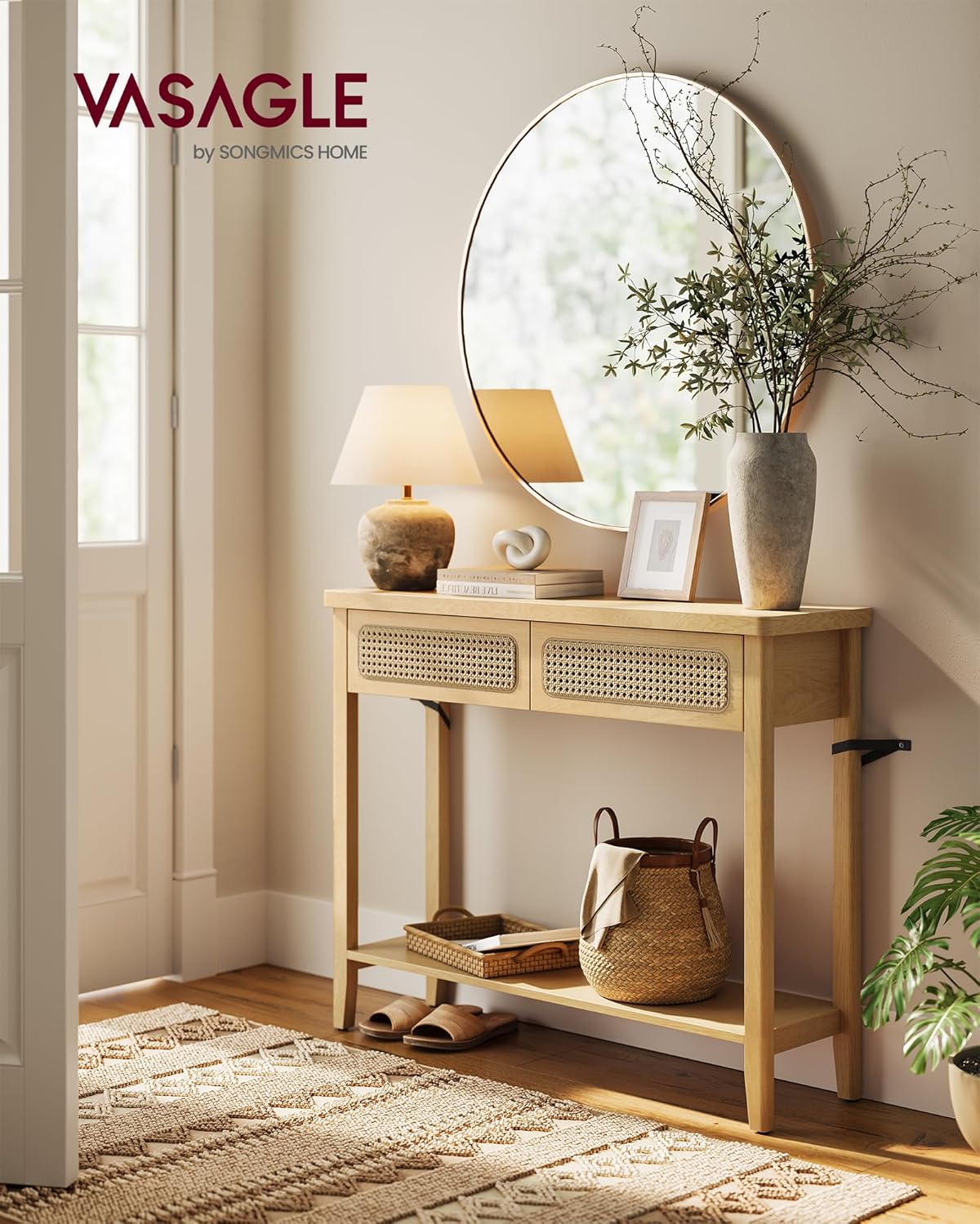 Detalle de VASAGLE Consolle Ingresso LNT016Y57 – Tavolo Consolle Boho Beige Rovere con 2 Cassetti