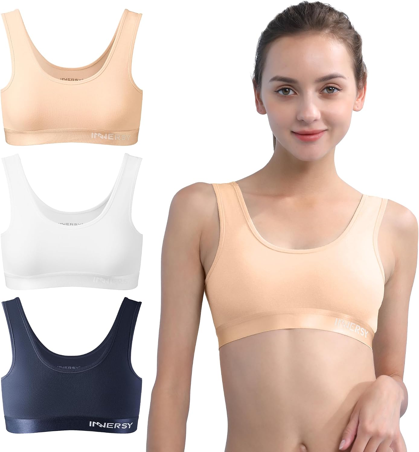 Thumbnail 6 de INNERSY Girls Sports Bra Cotton Crop Tops (3 Pack) — Non-Padded Training Bras for Ages 6–16