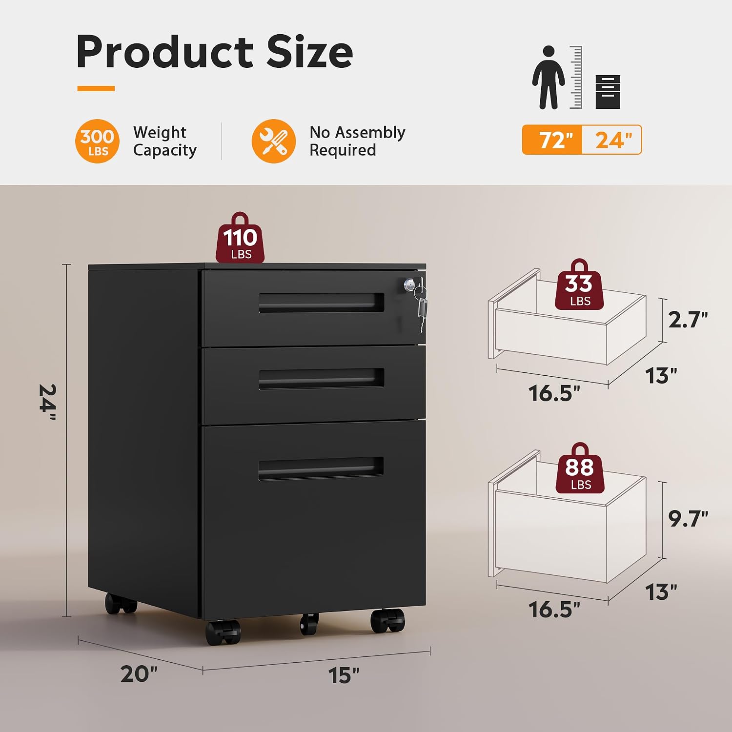Thumbnail 2 de DEVAISE Mobile File Cabinet, 3 Drawers