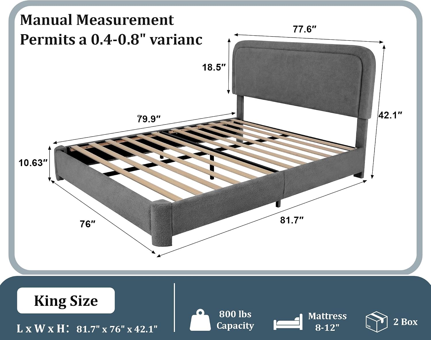 Detalle de Dyonery CA-BD23-DG-K King Boucle Bed Frame, Adjustable Headboard, Grey