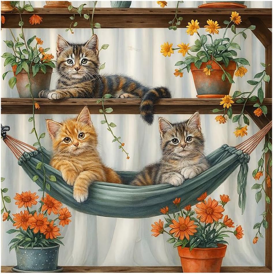 Detalle de KUKUDEM Cat Diamond Painting Kit, 12x12-Inch Canvas with Round 5D Gems