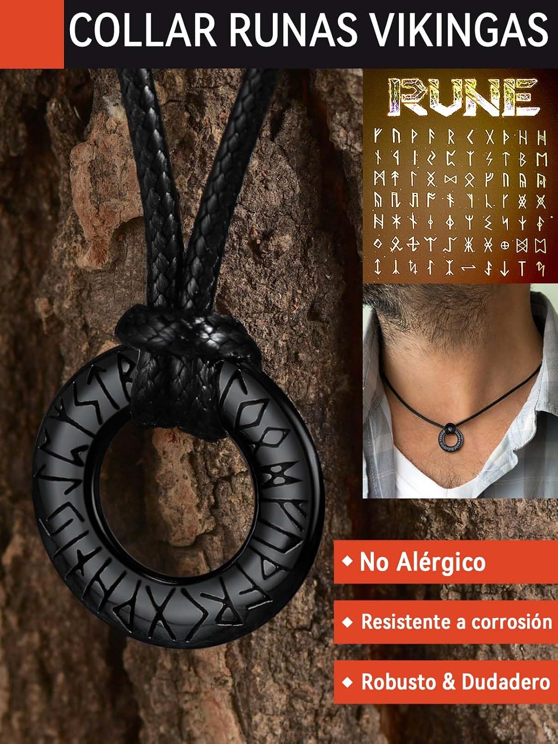 Thumbnail 3 de FaithHeart Collar Vikingo con runas en acero inoxidable 316L (negro, círculo pequeño) para hombre y mujer