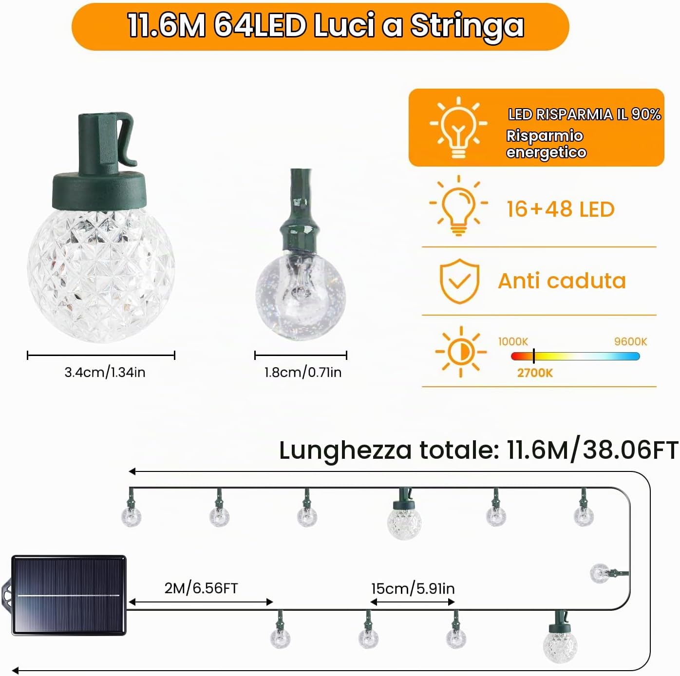 Thumbnail 6 de FIFlying Catena Luminosa Solare da Esterno 64 LED 11,6 m – Luce Bianca Calda IP65, 8 Modalità, Timer e Memoria