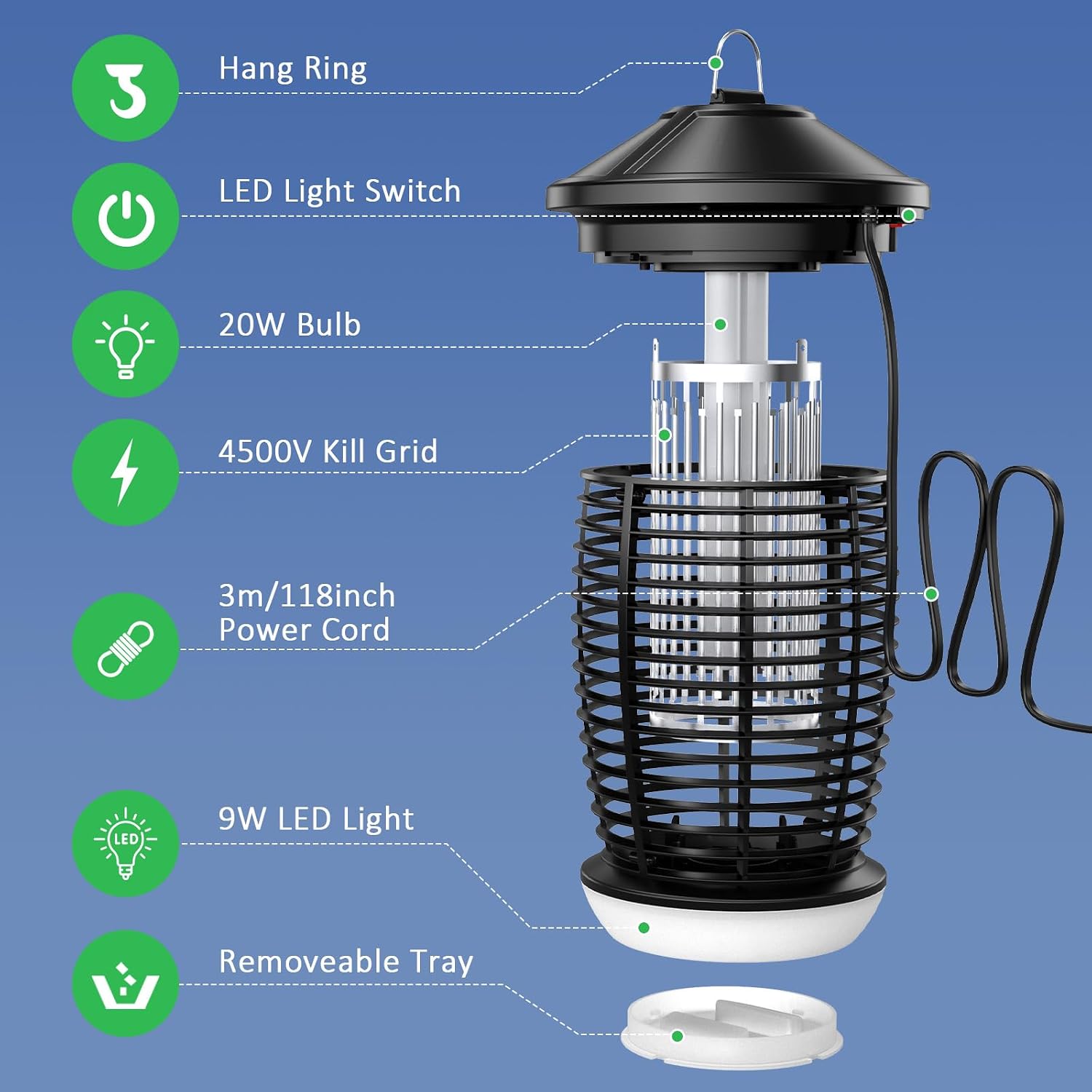 Thumbnail 2 de PALONE Bug Zapper: 4500V Powerful Fly Killer with 360° Coverage and LED Night Light