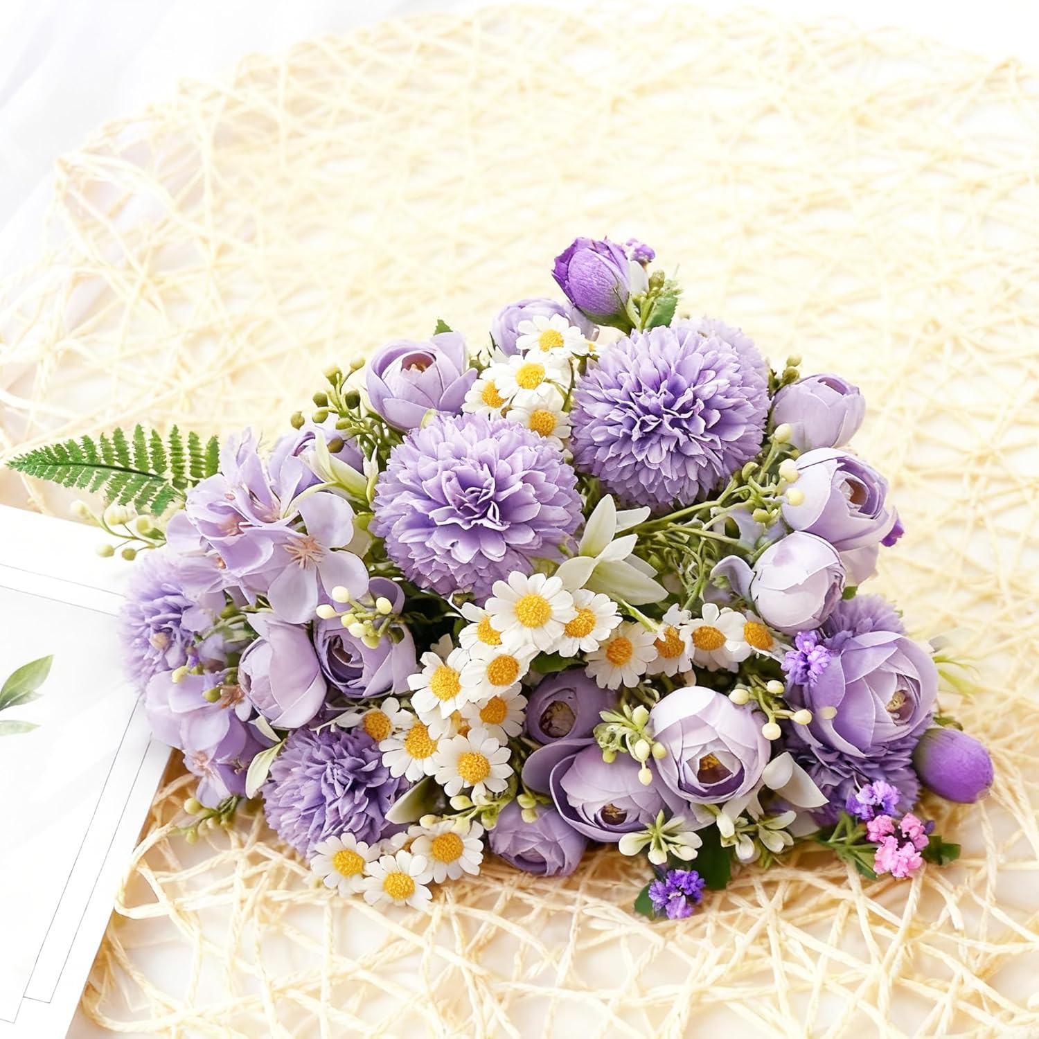 Detalle de BOBISHE Lila Rosenbouquet – künstliche Blumen Strauß 3 Bündel inkl. Geschenkpapier & 20 m Band