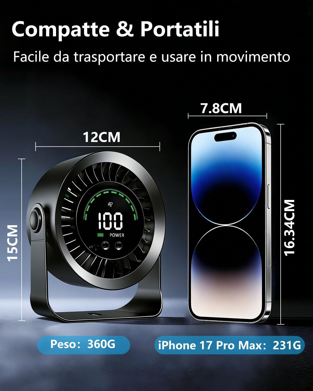 Thumbnail 6 de Ventilatore da Tavolo Silenzioso con Display LED, Batteria 4000mAh e Rotazione 360° – Autonomia fino a 17 ore