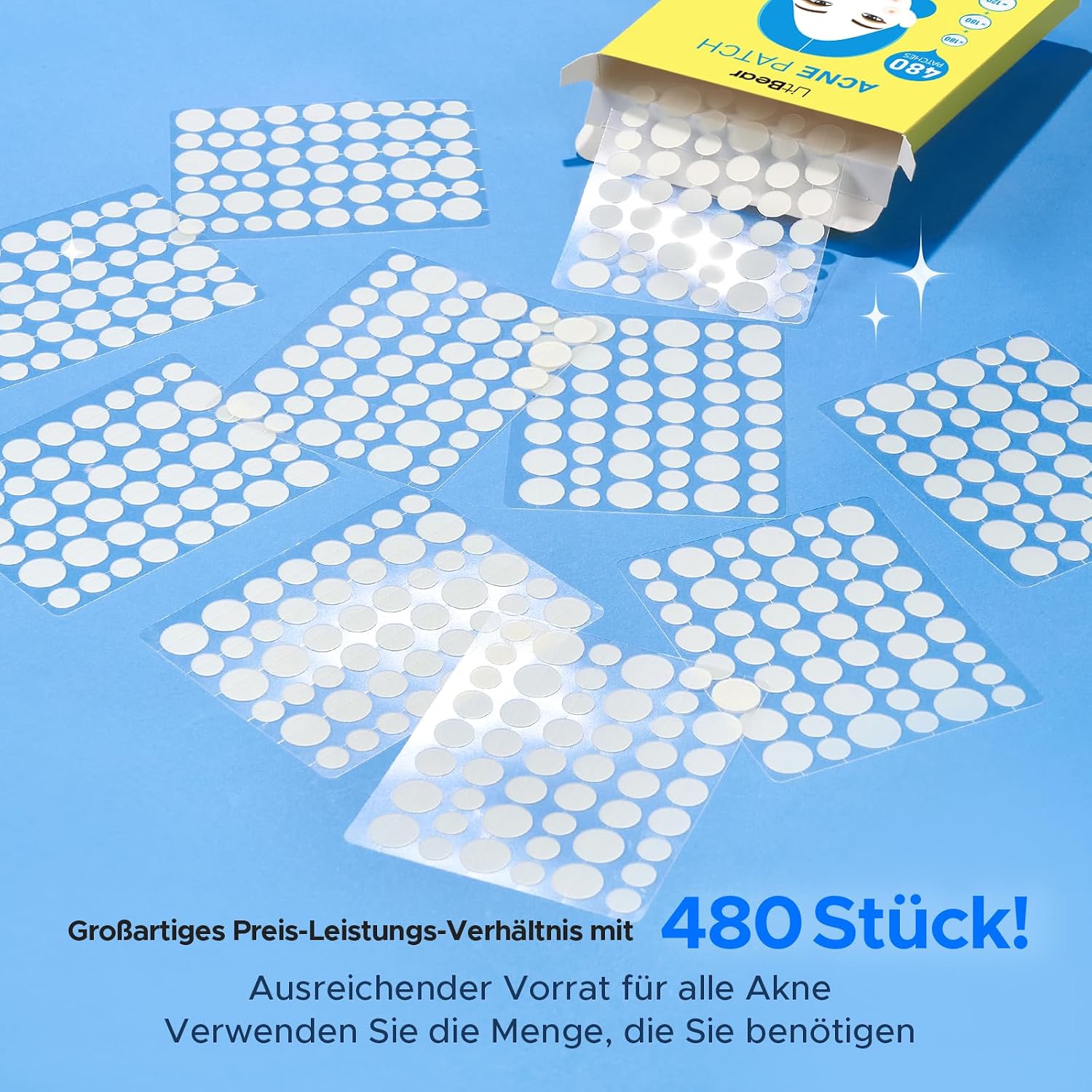 Detalle 2 de LitBear Pickel Patch Großpack – 480 Hydrokolloid-Patches in 3 Größen (8/10/12 mm) für alle Hauttypen