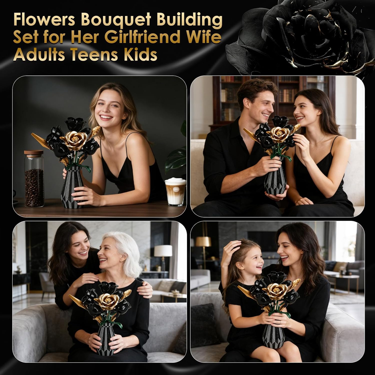 Thumbnail 6 de Black Roses Flower Bouquet Building Set with Vase – 255 Pieces, Gothic Blueprinted Floral Display