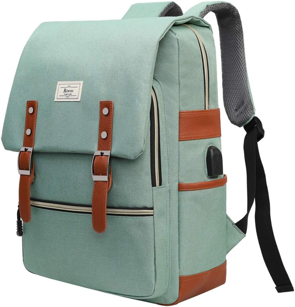 Detalle de Ronyes College Bag: Fits up to 15.6” Laptop, Waterproof USB Backpack in Light Green