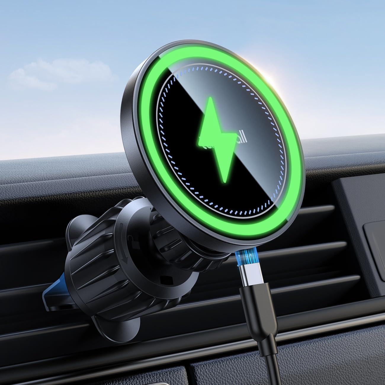 Detalle de Lamicall OL-Z9T9-C78W MagSafe-autolader met 15W laden en ventilatieroosterbevestiging