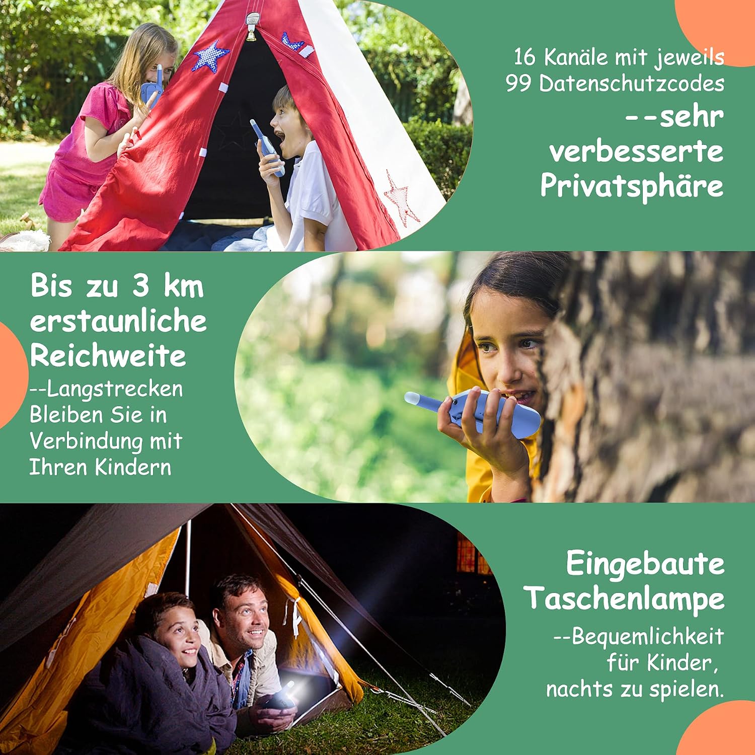Detalle de Kidsfun Walkie Talkie Kinder – USB wiederaufladbar, 3 Meilen Reichweite, Taschenlampe, ab 3 Jahren