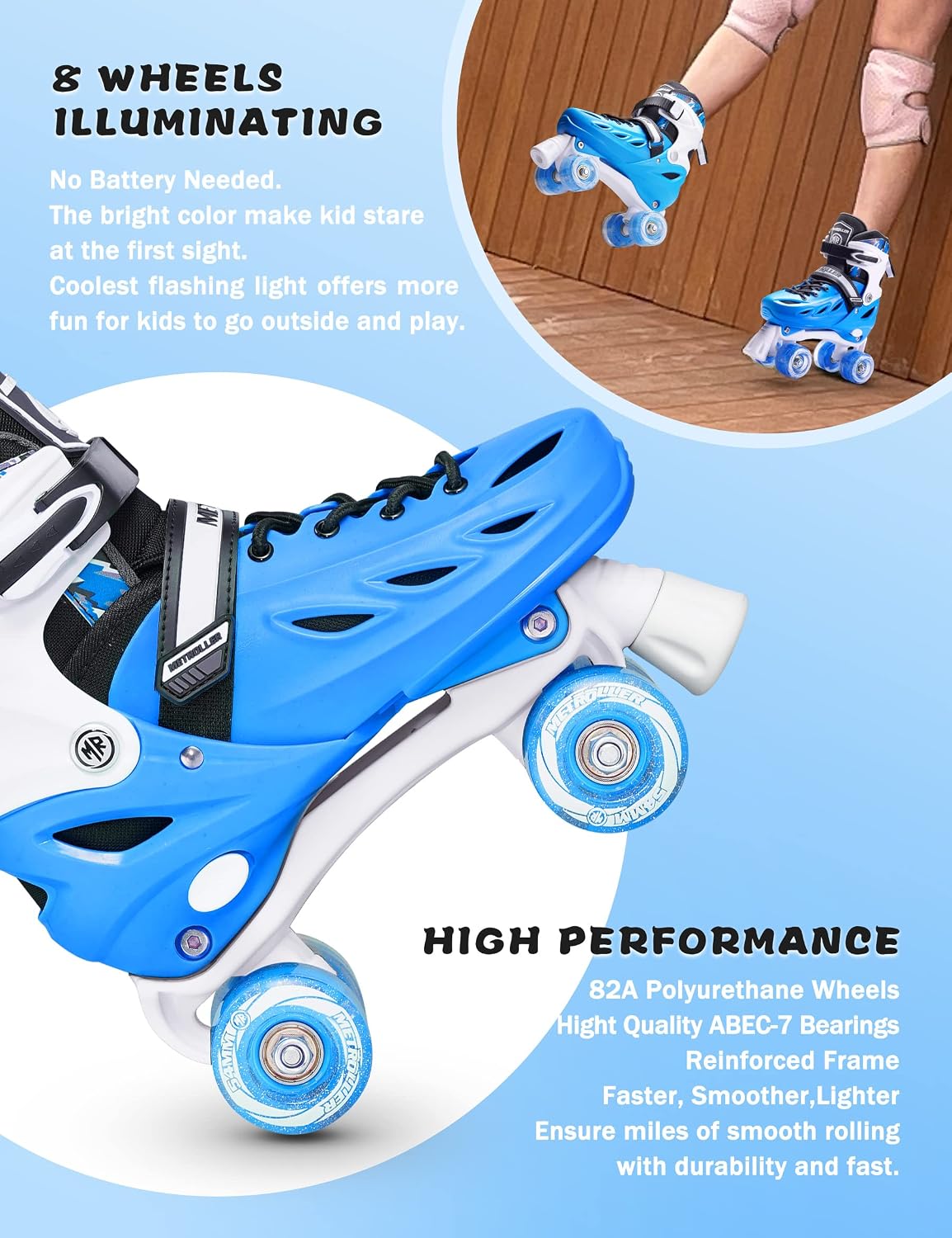 Detalle de METROLLER Adjustable Roller Skates with Light-Up Wheels, Blue Hard Shell