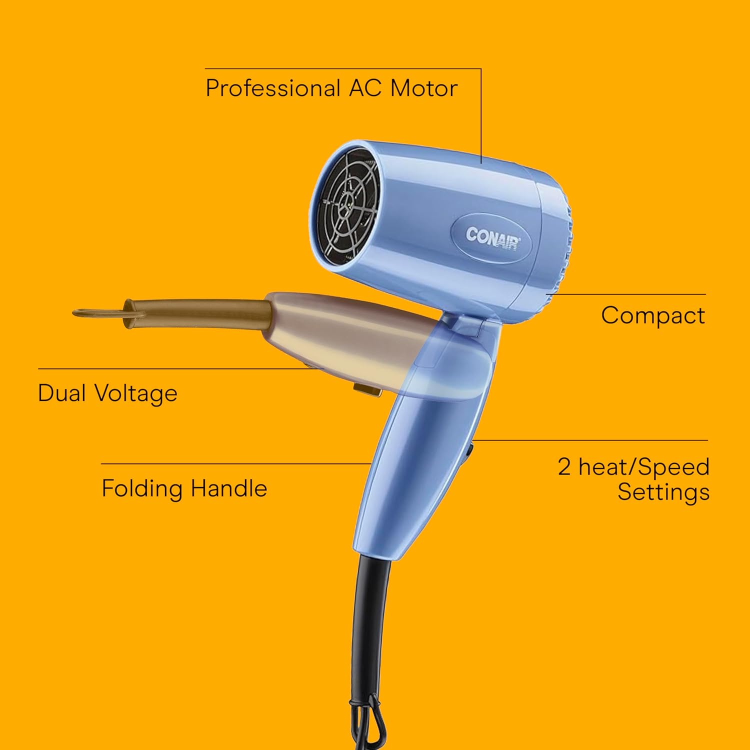 Thumbnail 1 de Conair Travel Hair Dryer with Dual Voltage (1600W) – Foldable, Ionic, Compact Power for On-the-Go Styling
