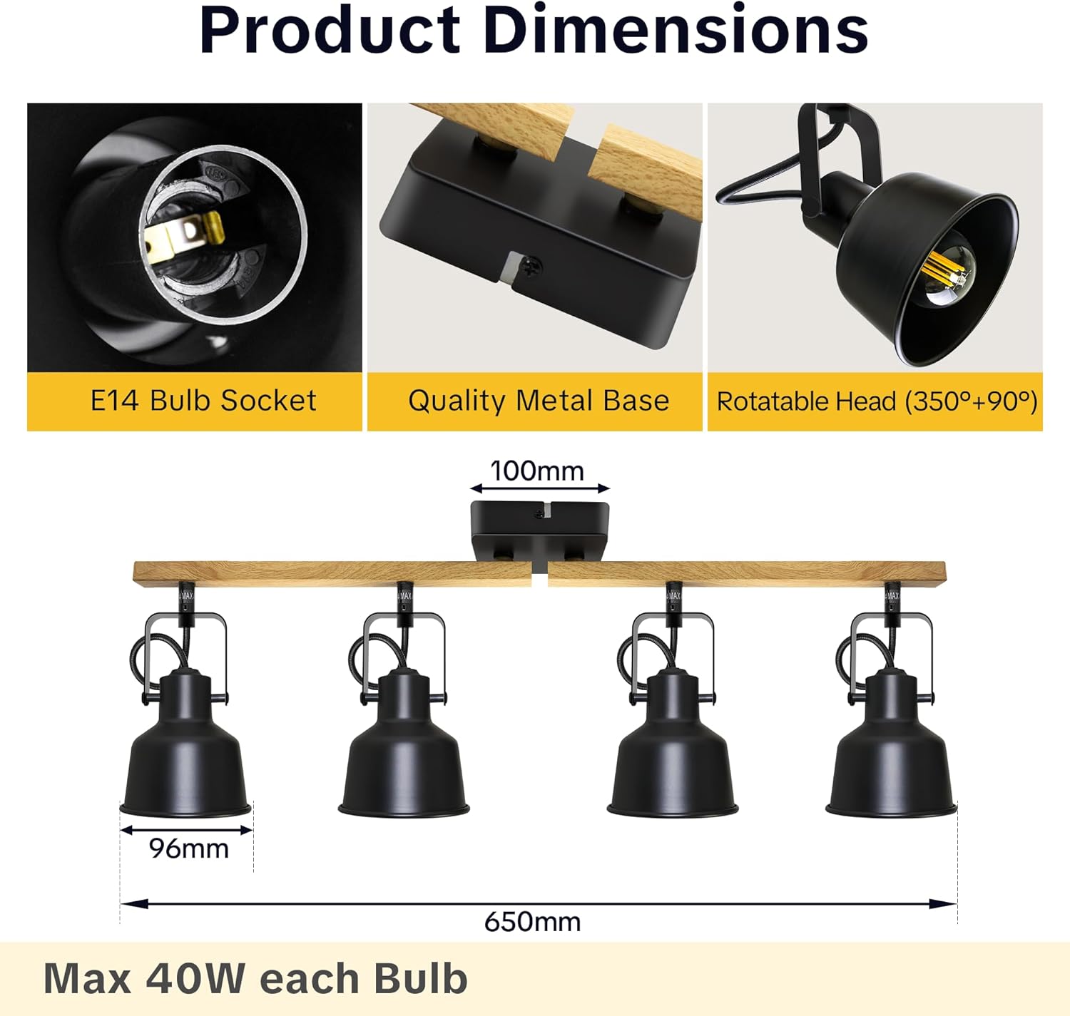 Thumbnail 5 de Deckenstrahler 4-flammig, schwenkbar (350°) – Vintage LED Deckenleuchte mit E14-Fassung, Schwarz (ohne Leuchtmittel)