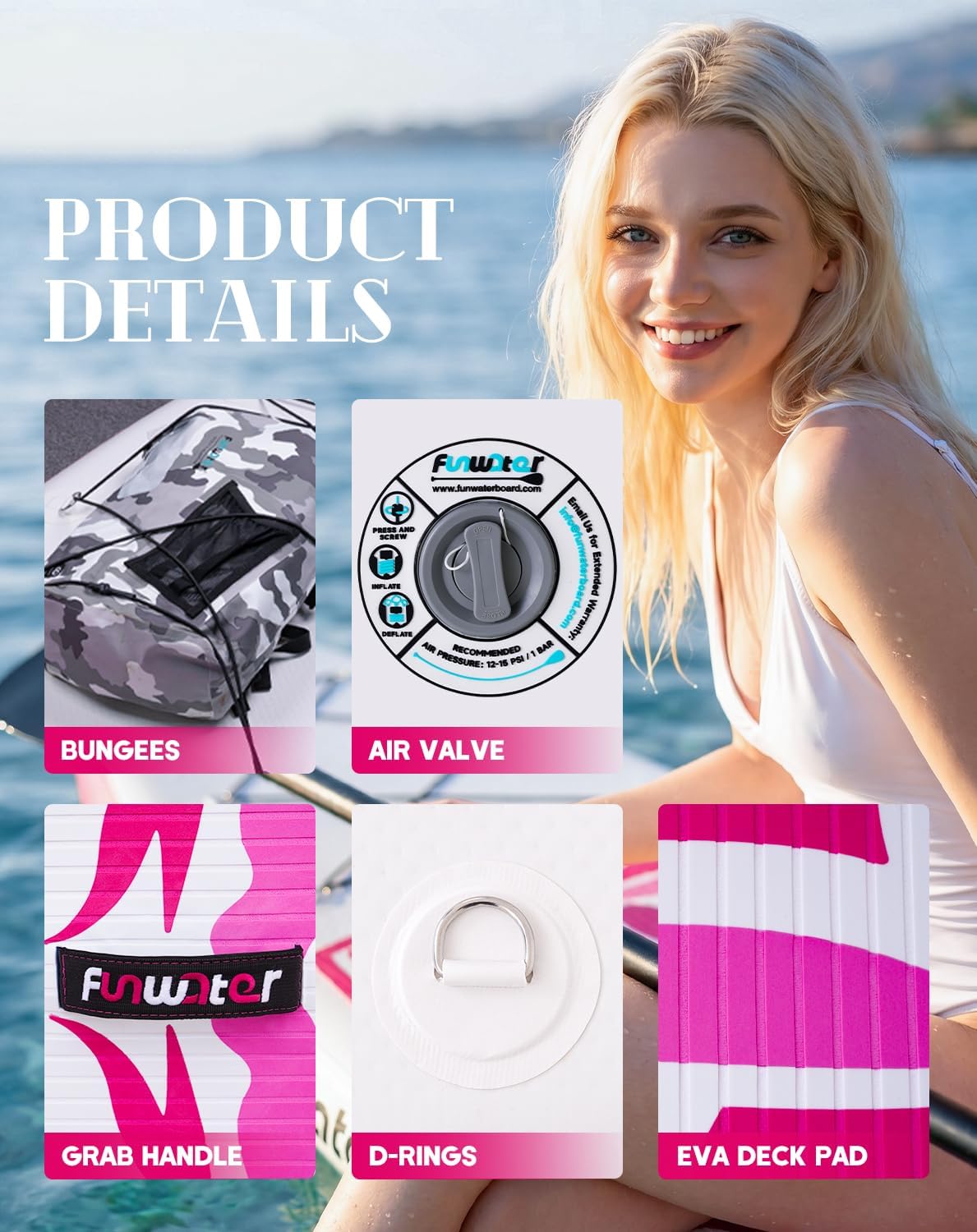 Detalle de FunWater Inflatable Ultra-Light Stand Up Paddle Board with Premium Accessories