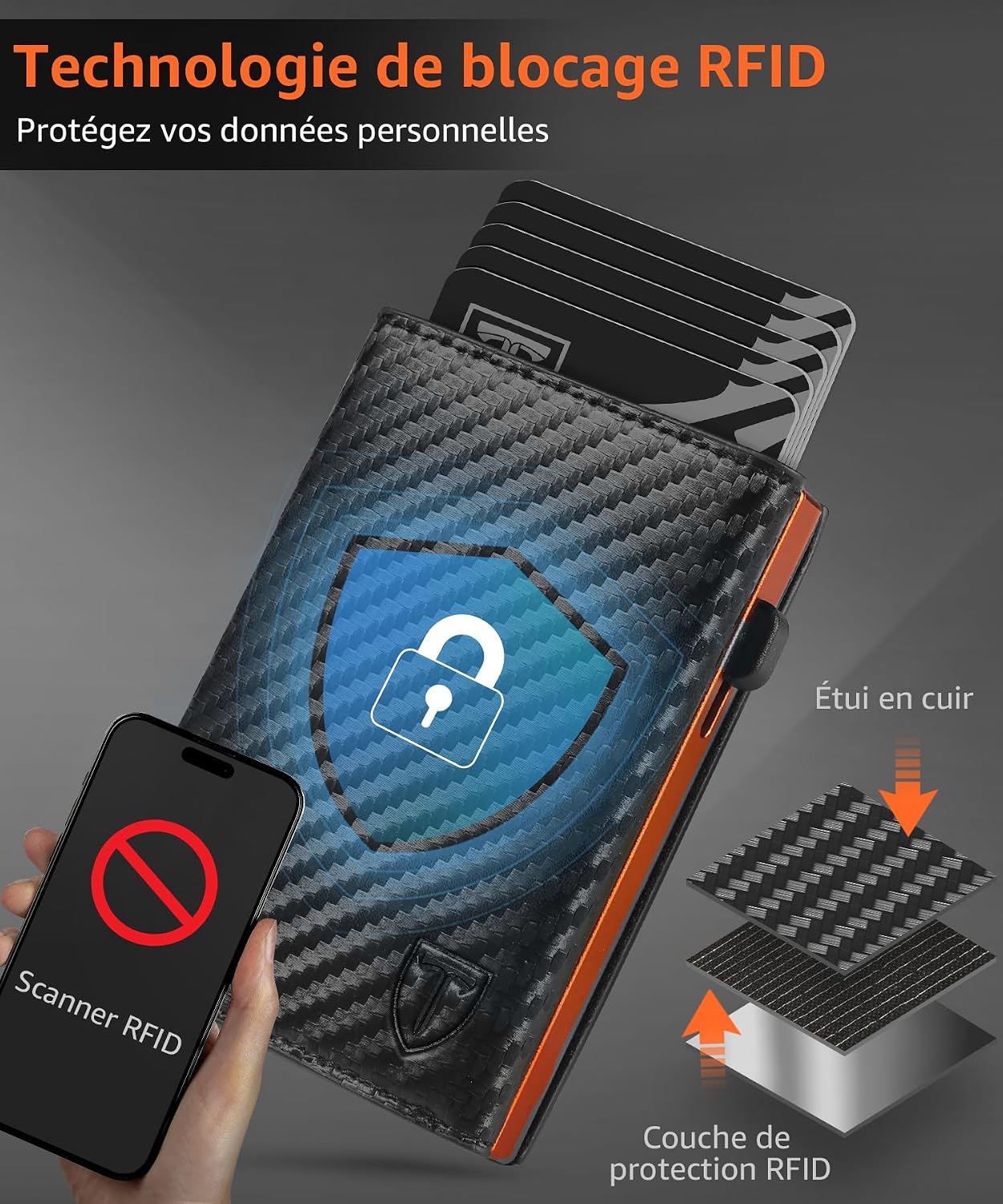 Detalle de Portefeuille Homme en Fibre de Carbone TEEHON – RFID Bloqué, Blocage Magnétique, Porte-Cartes et Billets Noir/Orange
