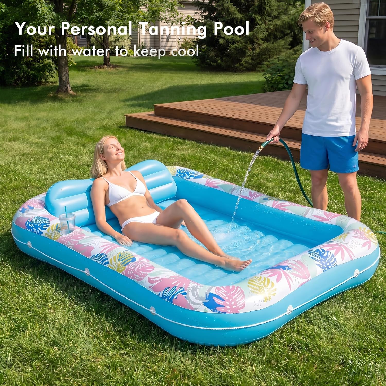 Thumbnail 2 de OKSUWATER Tanning Pool Lounger Float (87" x 63", Blue, XL) with Headrest, Cup Holder, and Heavy-Duty Design