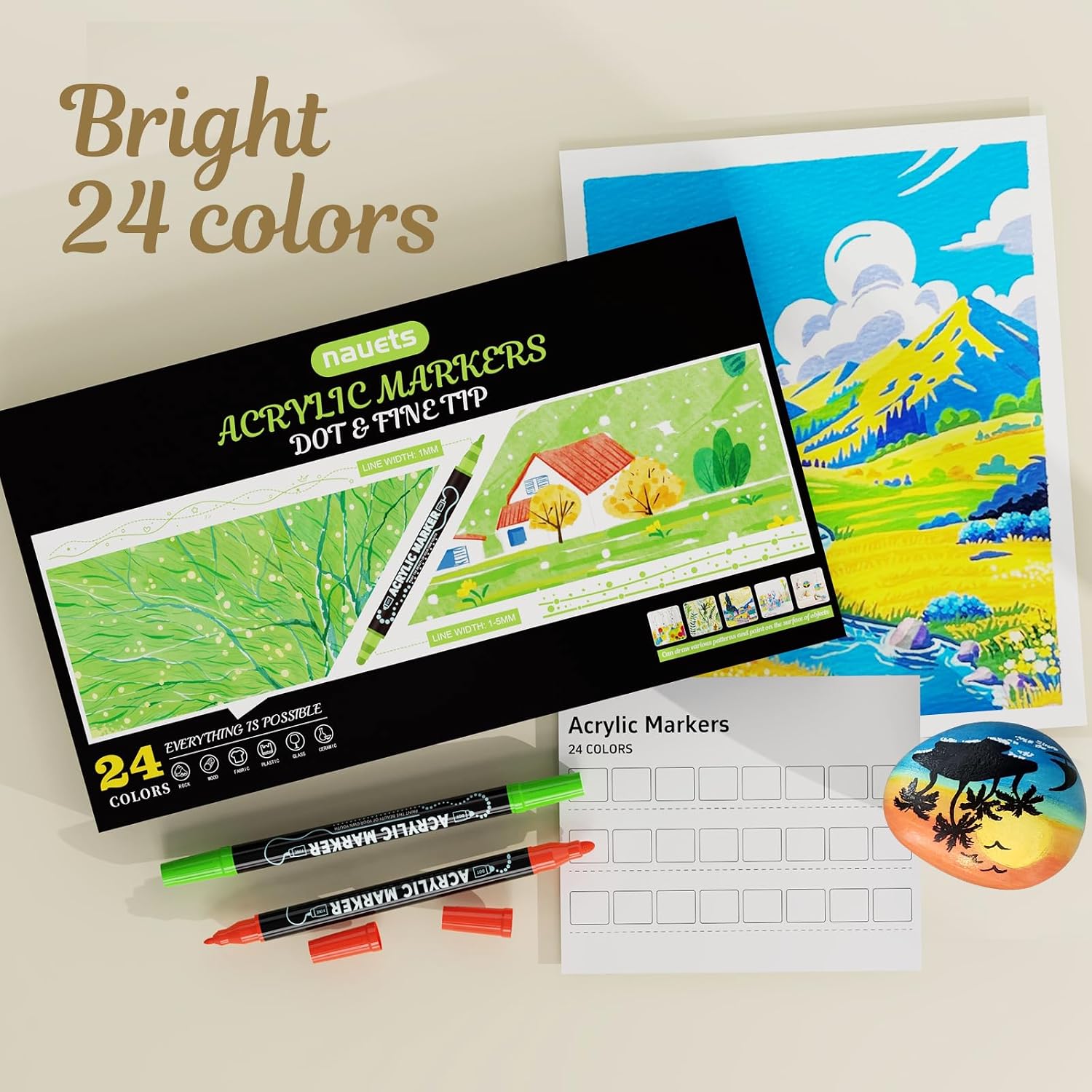 Detalle 2 de nauets 24-Color Dual-Tip Acrylic Paint Markers, 1–5 mm Round and 1 mm Fine Tips