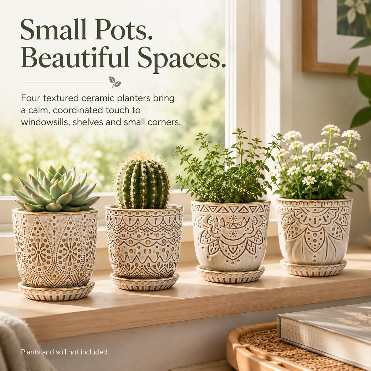 Detalle 2 de Gepege 4-Inch Ceramic Succulent Pots with Drainage, Saucers, Set of 4