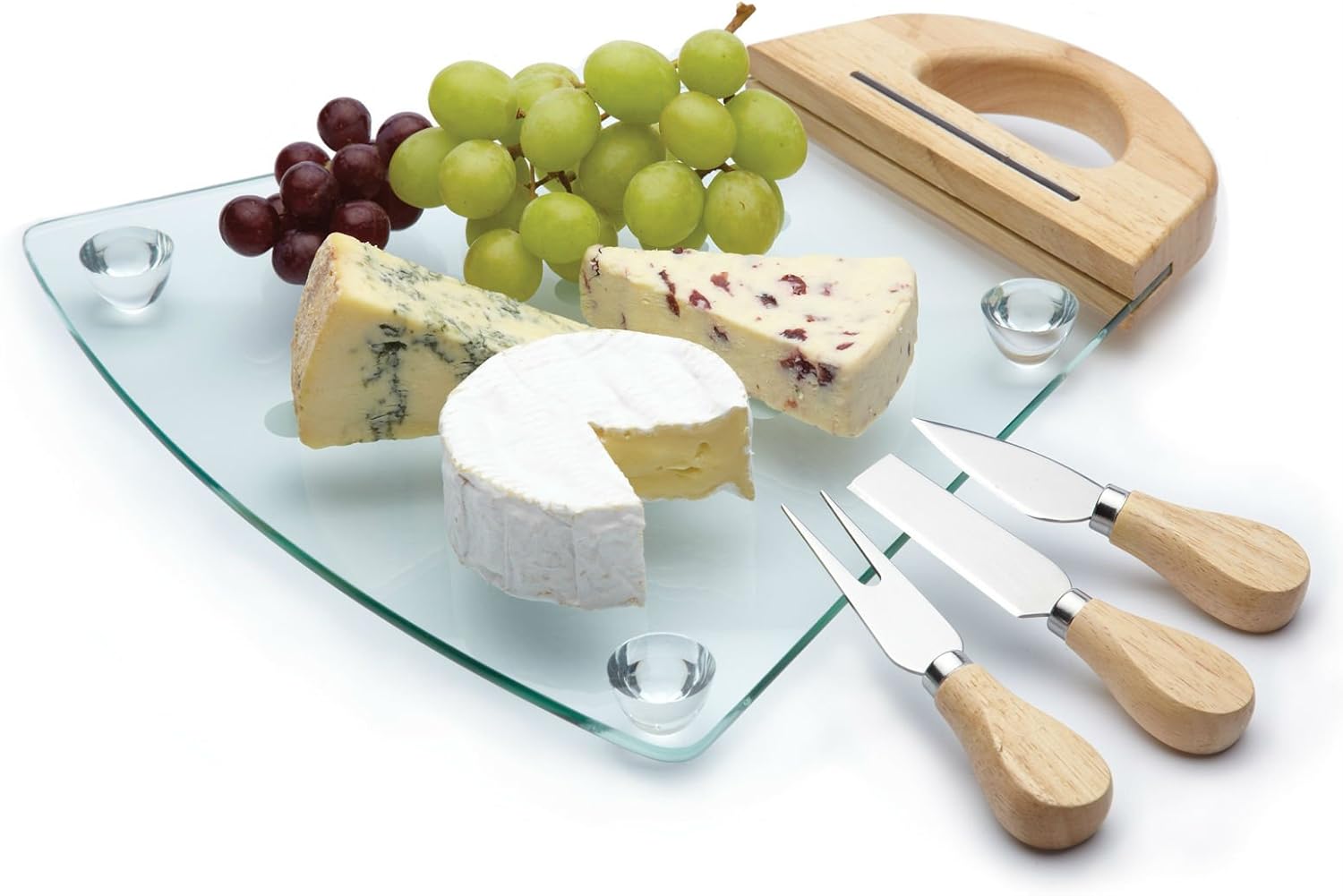 Detalle 2 de MasterClass Glas-Käsebrett und Käsemesser (4-teiliges Set) – stilvolles Käse-Servier-Set