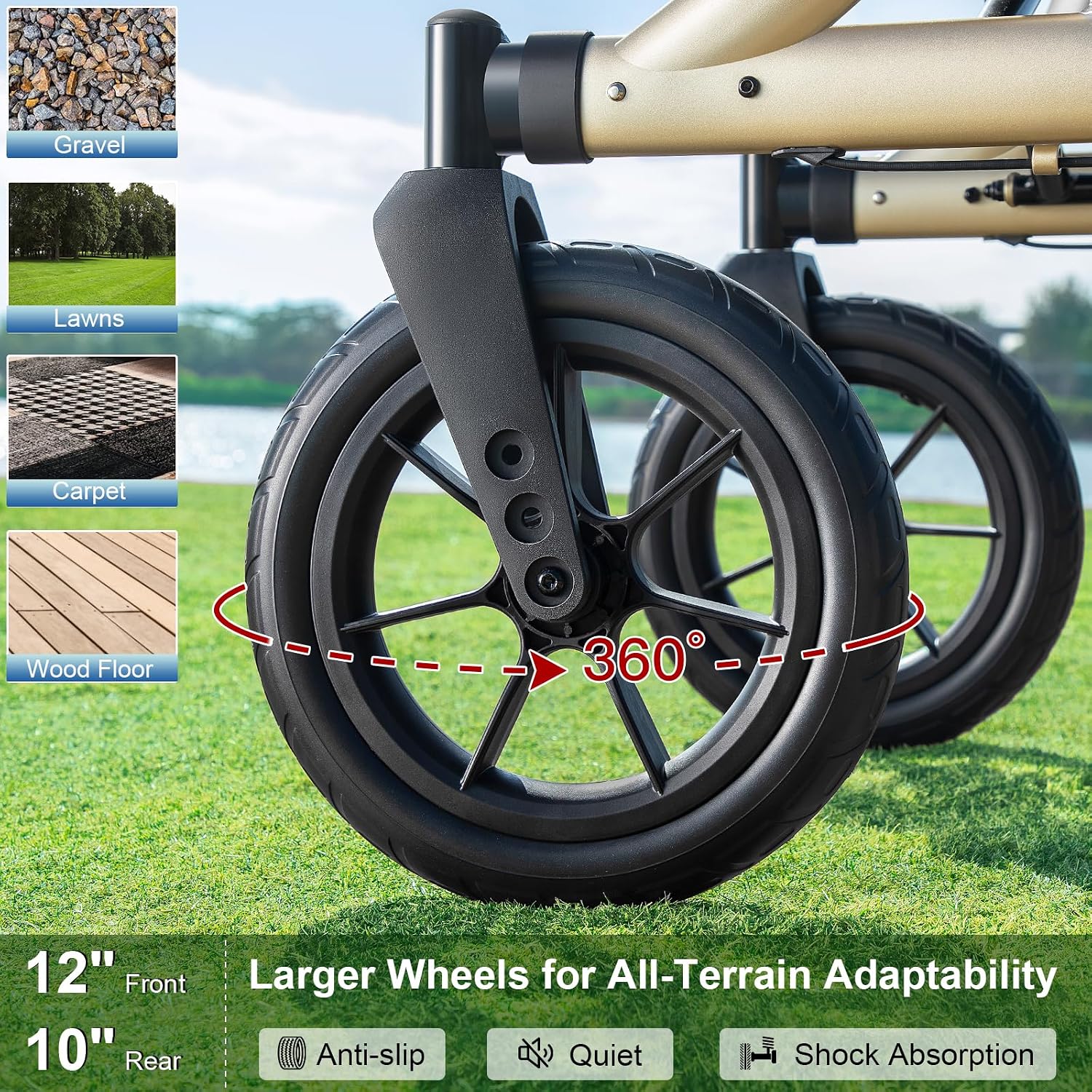 Detalle de MAXWALK RL-A42093W12 Rollator Walker with Seat, 12-Inch Wheels, Gold