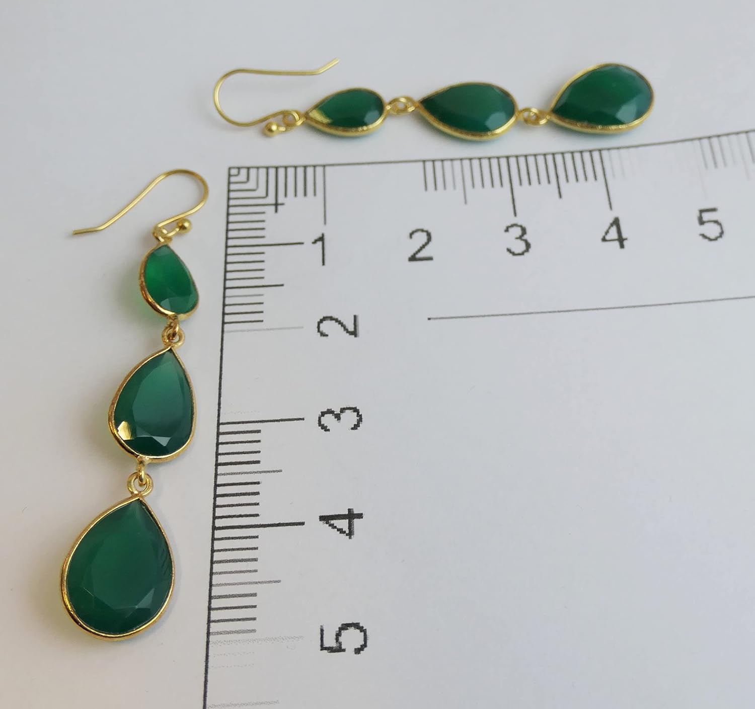 Thumbnail 6 de Grüner Onyx Ohrringe vergoldet 925 Sterling Silber – handgefertigte Statement-Ohrringe mit drei Tropfen pro Seite