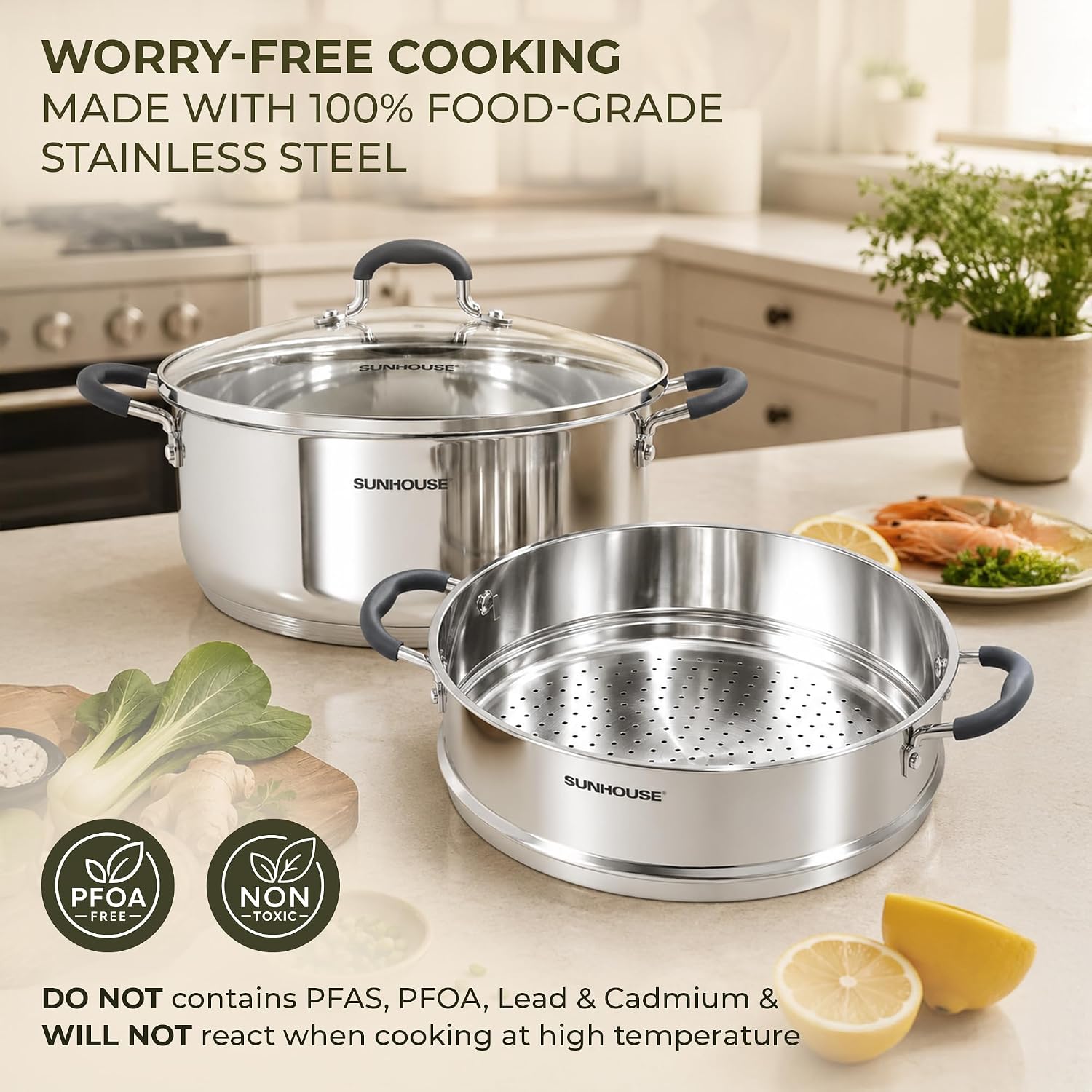Detalle 2 de SUNHOUSE 3.1 Qt Stainless Steel Steamer Pot with 2-Tier Basket and Glass Lid