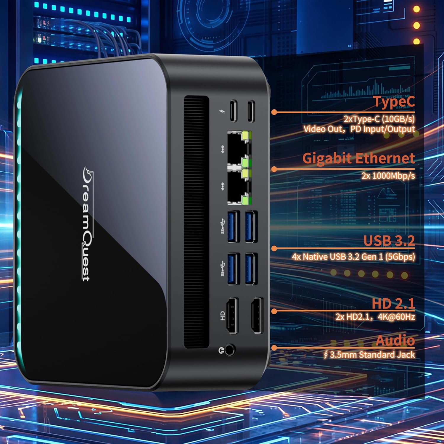 Detalle de DreamQuest Mini PC Windows 11 Pro mit Ryzen 5 7430U – kompakt, leistungsstark und vielseitig