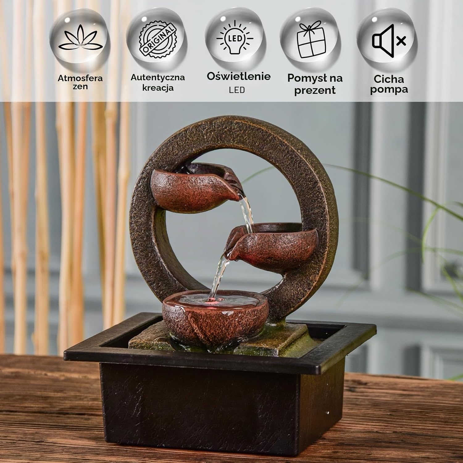 Detalle de Zen'Light Zen Terai – fontanna dekoracyjna z oświetleniem LED, żywica, 25 cm