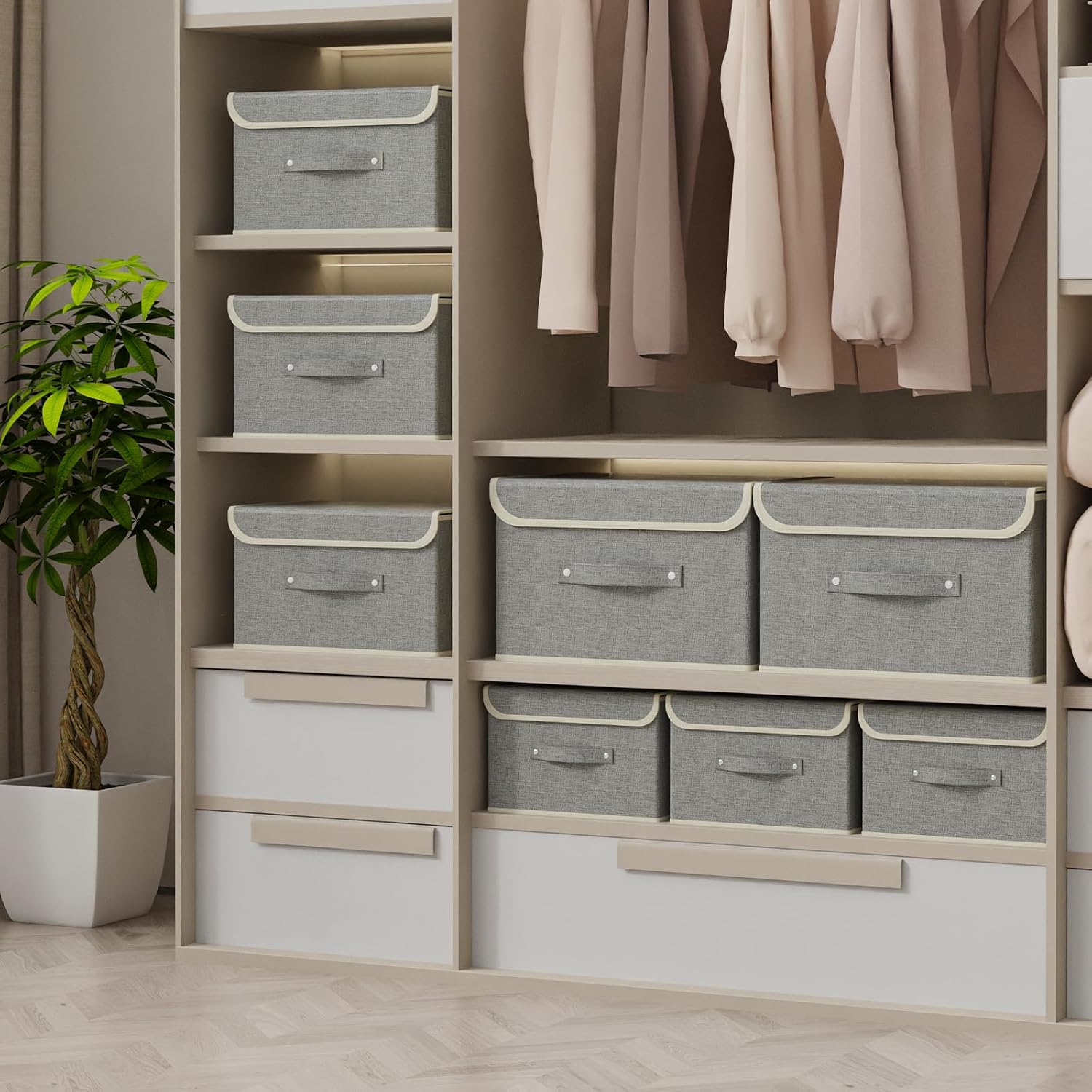 Detalle de ENUMAIL EN101GM-3 opbergboxen met deksel, opvouwbaar, grijs, 38 × 25 × 25 cm