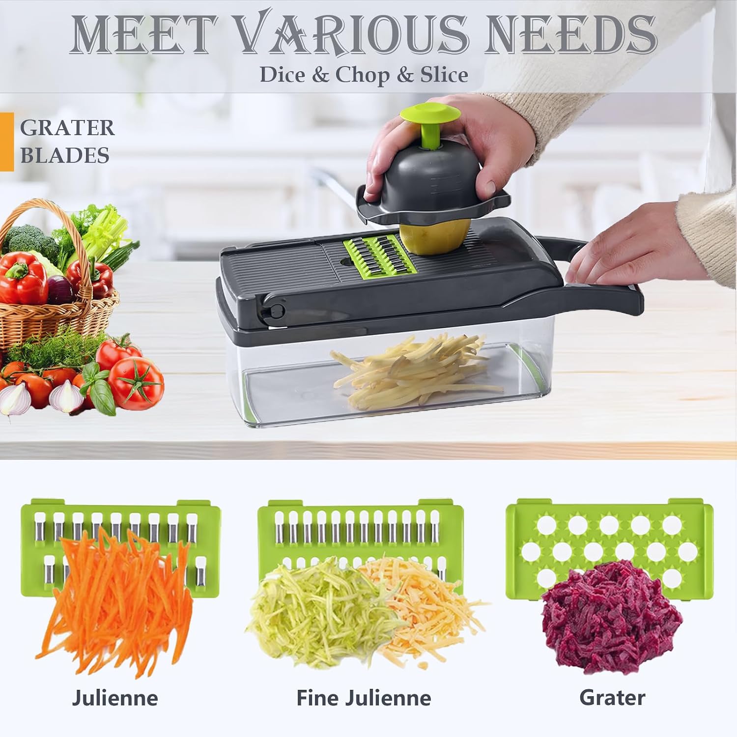 Detalle de Dewpeton Vegetable Chopper Dicer with Container – 2-in-1 Grater/Slicer with 1.5L Tray