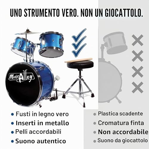 Detalle de Music Alley Batteria per Bambini 3 Pezzi con Sgabello e Piatto, Blu