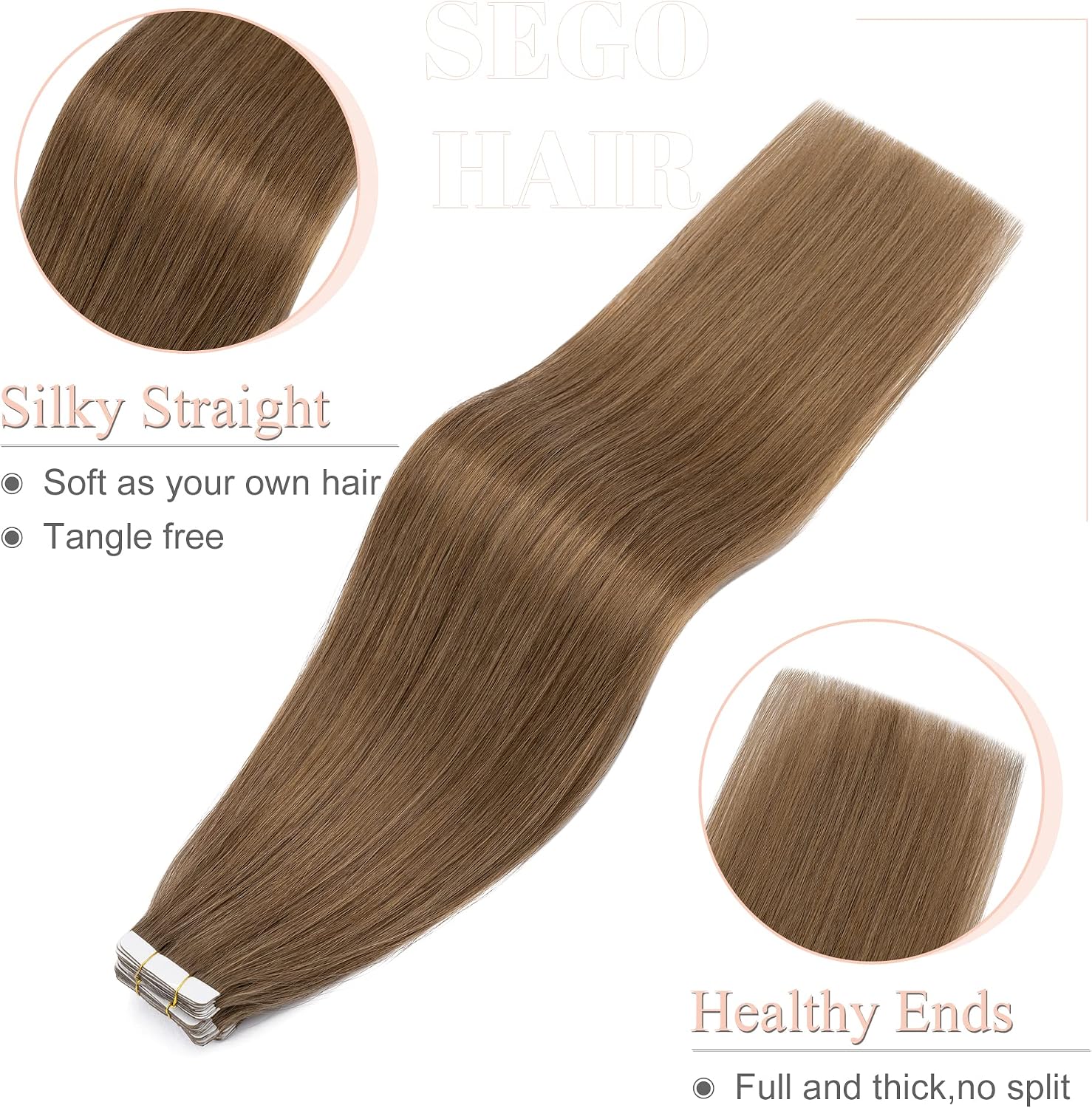 Thumbnail 3 de SEGO Extension Adesive Capelli Veri Biadesivo 20 Ciocche - Remy 50 g, 50 cm, Castano Chiaro