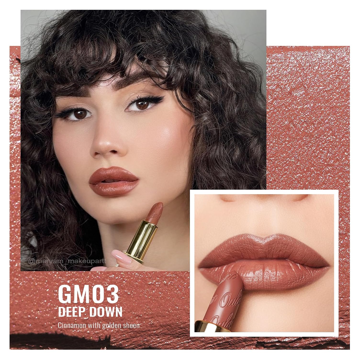 Detalle de OULAC Lippenstift Metallic Glanz Finish – Braun, langanhaltend mit Feuchtigkeit & Glitzer